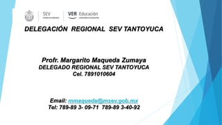 DELEGACIÓN REGIONAL SEV TANTOYUCA
Profr. Margarito Maqueda Zumaya
DELEGADO REGIONAL SEV TANTOYUCA
Cel. 7891010604
Email: mmaqueda@msev.gob.mx
Tel: 789-89 3- 09-71 789-89 3-40-92
 
