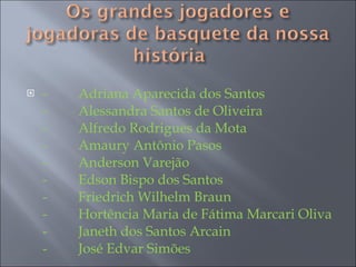-         Adriana Aparecida dos Santos -         Alessandra Santos de Oliveira -         Alfredo Rodrigues da Mota -         Amaury Antônio Pasos -         Anderson Varejão -         Edson Bispo dos Santos -         Friedrich Wilhelm Braun -         Hortência Maria de Fátima Marcari Oliva -         Janeth dos Santos Arcain -         José Edvar Simões    