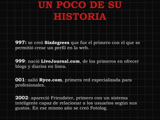 UN POCO DE SU HISTORIA 1997:  se creó  Sixdegrees  que fue el primero con el que se permitió crear un perfil en la web. 1999 :   nació  LiveJournal.com , de los primeros en ofrecer blogs y diarios en línea. 2001 :  salió  Ryce.com , primera red especializada para profesionales. 2002 : apareció Friendster, primero con un sistema inteligente capaz de relacionar a los usuarios según sus gustos. En ese mismo año se creó Fotolog. 