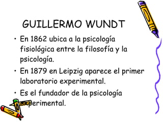 GUILLERMO WUNDT En 1862 ubica a la psicología fisiológica entre la filosofía y la psicología. En 1879 en Leipzig aparece el primer laboratorio experimental. Es el fundador de la psicología experimental. 