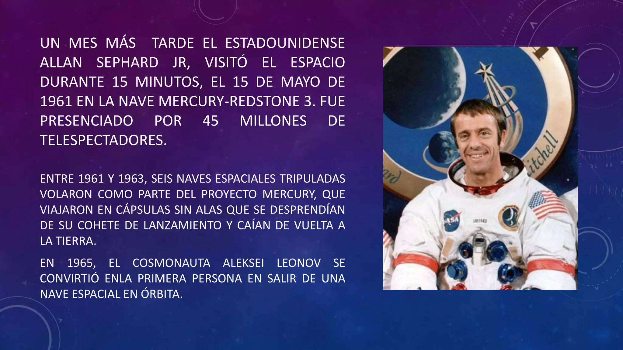 UN MES MÁS TARDE EL ESTADOUNIDENSE
ALLAN SEPHARD JR, VISITÓ EL ESPACIO
DURANTE 15 MINUTOS, EL 15 DE MAYO DE
1961 EN LA NAVE MERCURY-REDSTONE 3. FUE
PRESENCIADO POR 45 MILLONES DE
TELESPECTADORES.
ENTRE 1961 Y 1963, SEIS NAVES ESPACIALES TRIPULADAS
VOLARON COMO PARTE DEL PROYECTO MERCURY, QUE
VIAJARON EN CÁPSULAS SIN ALAS QUE SE DESPRENDÍAN
DE SU COHETE DE LANZAMIENTO Y CAÍAN DE VUELTA A
LA TIERRA.
EN 1965, EL COSMONAUTA ALEKSEI LEONOV SE
CONVIRTIÓ ENLA PRIMERA PERSONA EN SALIR DE UNA
NAVE ESPACIAL EN ÓRBITA.
 