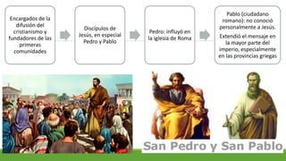 Encargados de la
difusión del
cristianismo y
fundadores de las
primeras
comunidades
Discípulos de
Jesús, en especial
Pedro y Pablo
Pedro: influyó en
la iglesia de Roma
Pablo (ciudadano
romano): no conoció
personalmente a Jesús.
Extendió el mensaje en
la mayor parte del
imperio, especialmente
en las provincias griegas
 