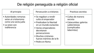 De religión perseguida a religión oficial
Al principio
• Autoridades romanas
veían al cristianismo
como una secta judía
• La veían con
indiferencia
Persecución a cristianos
• Se negaban a rendir
culto al emperador
• Predicaban la libertad
en un mundo esclavista
• Varios emperadores
decretaron
persecuciones
• Muchos cristianos
fueron mártires de la fe
• Pedro en Roma
Practicas secretas
• Cultos de manera
secreta
• Catacumbas: galerías
subterráneas
(complicados
laberintos)
 