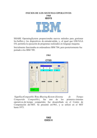 INICIOS DE LOS SISTEMAS OPERATIVOS
1960
IBSYS
SHARE OperatingSystem proporcionaba nuevos métodos para gestionar
los buffers y los dispositivos de entrada/salida, y, al igual que GM-NAA
I/O, permitía la ejecución de programas realizados en lenguaje maquina.
Inicialmente funcionaba en ordenadores IBM 704, pero posteriormente fue
portado a los IBM 709.
1961
CTSS
Significa Compatible Time-Sharing-System (Sistema de Tiempo
Compartido Compatible), fue uno de los primeros sistemas
operativos de tiempo compartido; fue desarrollado en el Centro de
Computación del MIT. Se presentó en1961, y se utilizó en el MIT
hasta 1973.
1962
EXEX II
 