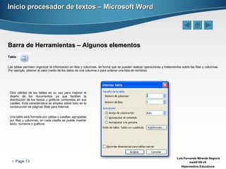 Inicio procesador de textos – Microsoft Word Barra de Herramientas – Algunos elementos Tabla Las tablas permiten organizar la información en filas y columnas, de forma que se pueden realizar operaciones y tratamientos sobre las filas y columnas. Por ejemplo, obtener el valor medio de los datos de una columna o para ordenar una lista de nombres. Otra utilidad de las tablas es su uso para mejorar el diseño de los documentos ya que facilitan la distribución de los textos y gráficos contenidos en sus casillas. Esta característica se emplea sobre todo en la construcción de páginas Web para Internet. Una tabla está formada por celdas o casillas, agrupadas por filas y columnas, en cada casilla se puede insertar texto, números o gráficos. 