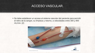 ACCESO VASCULAR.
 Se debe establecer un acceso al sistema vascular del paciente para permitir
el retiro de la sangre, su limpieza y retorno, a velocidades entre 300 y 800
mL/min. (2)
 