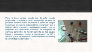  Parar la línea venosa cuando sea de color rosado,
pinzándola, conectarla al lumen venosos del paciente del
paciente; poner de nuevo en marcha la bomba de sangre;
heparinizar el sistema extracorpóreo; comprobar que el
dializador haya quedado completamente cebado y que las
presiones son adecuadas marcando los márgenes de
alarmas; comprobar la fijación correcta de las agujas,
líneas y conexiones; revisar la programación de HD y
verificar que el paciente esta confortablemente instalado y
la extremidad queda visible. (1)
 