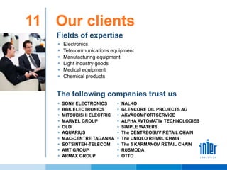 11
.
Our clients
Fields of expertise
 Electronics
 Telecommunications equipment
 Manufacturing equipment
 Light industry goods
 Medical equipment
 Chemical products
The following companies trust us
 SONY ELECTRONICS
 BBK ELECTRONICS
 MITSUBISHI ELECTRIC
 MARVEL GROUP
 OLDI
 AQUARIUS
 MAC-CENTRE TAGANKA
 SOTSINTEH-TELECOM
 AMT GROUP
 ARMAX GROUP
 NALKO
 GLENCORE OIL PROJECTS AG
 AKVACOMFORTSERVICE
 ALPHA AVTOMATIV TECHNOLOGIES
 SIMPLE WATERS
 The CENTREOBUV RETAIL CHAIN
 The UNIQLO RETAIL CHAIN
 The 5 KARMANOV RETAIL CHAIN
 RUSMODA
 OTTO
 