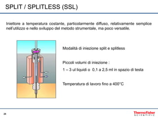 24
SPLIT / SPLITLESS (SSL)
Iniettore a temperatura costante, particolarmente diffuso, relativamente semplice
nell’utilizzo...
