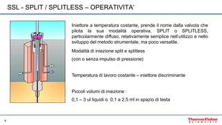 5
SSL - SPLIT / SPLITLESS – OPERATIVITA’
Iniettore a temperatura costante, prende il nome dalla valvola che
pilota la sua ...