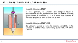 6
SSL - SPLIT / SPLITLESS – OPERATIVITA’
Modalità di iniezione SPLIT:
In linea generale, da utilizzare con campioni liquid...