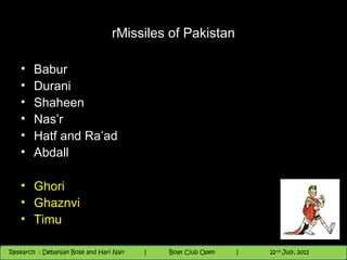 rMissiles of Pakistan

   •    Babur
   •    Durani
   •    Shaheen
   •    Nas’r
   •    Hatf and Ra’ad
   •    Abdall

   • Ghori
   • Ghaznvi
   • Timu

                                          Nighthawk
                                                                        th
                                                                          9 andnd 10 June, 2012
                                                                                 th
 Research : `Debanjan Bose |
   11/22/12
Research : Debanjan Bose and Hari Nair
                                         Nighthawk Boat Club Open
                                            |
                                                   Session      |   |  10
                                                                    9 th and 10th June, 2012
                                                                                22 July, 2012
                                                                                              10
 