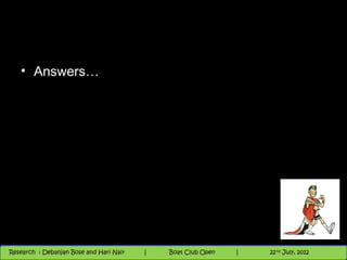 • Answers…




                                          Nighthawk
                                                                        th
                                                                          9 andnd 10 June,9 2012
                                                                                 th
 Research : `Debanjan Bose |
   11/22/12
Research : Debanjan Bose and Hari Nair
                                         Nighthawk Boat Club Open
                                            |
                                                   Session      |      9
                                                                    9 th and 10th June, 2012
                                                                    |           22 July, 2012
 