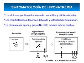 SINTOMATOLOGÍA DE HIPONATREMIA

• Los síntomas por hiponatremia suelen ser sutiles y difíciles de tratar.
• Las manifestaciones dependen del grado y velocidad de instauración.
• La hiponatremia aguda y grave (Na<125) produce edema cerebral.




                                          Cordoba J et al. Metab Brain Dis 2010
 
