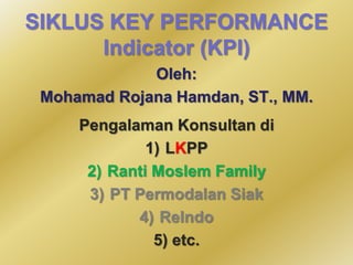 SIKLUS KEY PERFORMANCE
Indicator (KPI)
Oleh:
Mohamad Rojana Hamdan, ST., MM.
Pengalaman Konsultan di
1) LKPP
2) Ranti Moslem Family
3) PT Permodalan Siak
4) ReIndo
5) etc.
 