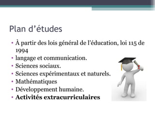 Plan d’études
• À partir des lois général de l’éducation, loi 115 de
1994
• langage et communication.
• Sciences sociaux.
• Sciences expérimentaux et naturels.
• Mathématiques
• Développement humaine.
• Activités extracurriculaires

 