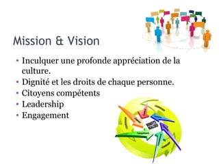 Mission & Vision
• Inculquer une profonde appréciation de la
culture.
• Dignité et les droits de chaque personne.
• Citoyens compétents
• Leadership
• Engagement

 