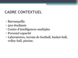 CADRE CONTEXTUEL
•
•
•
•
•

Barranquilla
500 étudiants
Centre d’intelligences multiples
Personel capacité
Laboratoires, terrain de football, basket-ball,
volley-ball, piscine.

 