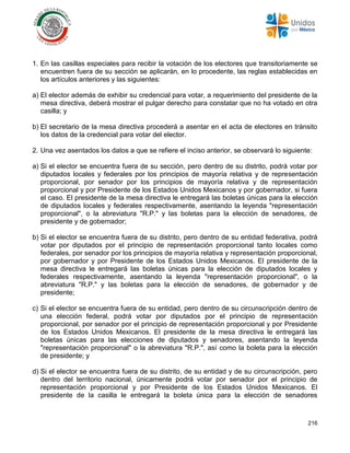 216
1. En las casillas especiales para recibir la votación de los electores que transitoriamente se
encuentren fuera de su sección se aplicarán, en lo procedente, las reglas establecidas en
los artículos anteriores y las siguientes:
a) El elector además de exhibir su credencial para votar, a requerimiento del presidente de la
mesa directiva, deberá mostrar el pulgar derecho para constatar que no ha votado en otra
casilla; y
b) El secretario de la mesa directiva procederá a asentar en el acta de electores en tránsito
los datos de la credencial para votar del elector.
2. Una vez asentados los datos a que se refiere el inciso anterior, se observará lo siguiente:
a) Si el elector se encuentra fuera de su sección, pero dentro de su distrito, podrá votar por
diputados locales y federales por los principios de mayoría relativa y de representación
proporcional, por senador por los principios de mayoría relativa y de representación
proporcional y por Presidente de los Estados Unidos Mexicanos y por gobernador, si fuera
el caso. El presidente de la mesa directiva le entregará las boletas únicas para la elección
de diputados locales y federales respectivamente, asentando la leyenda "representación
proporcional", o la abreviatura "R.P." y las boletas para la elección de senadores, de
presidente y de gobernador;
b) Si el elector se encuentra fuera de su distrito, pero dentro de su entidad federativa, podrá
votar por diputados por el principio de representación proporcional tanto locales como
federales, por senador por los principios de mayoría relativa y representación proporcional,
por gobernador y por Presidente de los Estados Unidos Mexicanos. El presidente de la
mesa directiva le entregará las boletas únicas para la elección de diputados locales y
federales respectivamente, asentando la leyenda "representación proporcional", o la
abreviatura "R.P." y las boletas para la elección de senadores, de gobernador y de
presidente;
c) Si el elector se encuentra fuera de su entidad, pero dentro de su circunscripción dentro de
una elección federal, podrá votar por diputados por el principio de representación
proporcional, por senador por el principio de representación proporcional y por Presidente
de los Estados Unidos Mexicanos. El presidente de la mesa directiva le entregará las
boletas únicas para las elecciones de diputados y senadores, asentando la leyenda
"representación proporcional" o la abreviatura "R.P.", así como la boleta para la elección
de presidente; y
d) Si el elector se encuentra fuera de su distrito, de su entidad y de su circunscripción, pero
dentro del territorio nacional, únicamente podrá votar por senador por el principio de
representación proporcional y por Presidente de los Estados Unidos Mexicanos. El
presidente de la casilla le entregará la boleta única para la elección de senadores
 