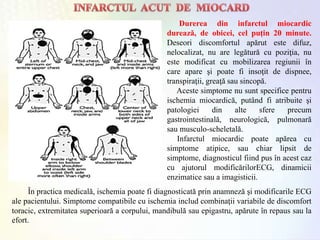 Durerea din infarctul miocardic
durează, de obicei, cel puţin 20 minute.
Deseori discomfortul apărut este difuz,
nelocalizat, nu are legătură cu poziţia, nu
este modificat cu mobilizarea regiunii în
care apare şi poate fi insoţit de dispnee,
transpiraţii, greaţă sau sincopă.
Aceste simptome nu sunt specifice pentru
ischemia miocardică, putând fi atribuite şi
patologiei din alte sfere precum
gastrointestinală, neurologică, pulmonară
sau musculo-scheletală.
Infarctul miocardic poate apărea cu
simptome atipice, sau chiar lipsit de
simptome, diagnosticul fiind pus în acest caz
cu ajutorul modificărilorECG, dinamicii
enzimatice sau a imagisticii.
În practica medicală, ischemia poate fi diagnosticată prin anamneză şi modificarile ECG
ale pacientului. Simptome compatibile cu ischemia includ combinaţii variabile de discomfort
toracic, extremitatea superioară a corpului, mandibulă sau epigastru, apărute în repaus sau la
efort.
 