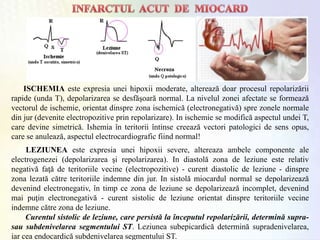 ISCHEMIA este expresia unei hipoxii moderate, alterează doar procesul repolarizării
rapide (unda T), depolarizarea se desfăşoară normal. La nivelul zonei afectate se formează
vectorul de ischemie, orientat dinspre zona ischemică (electronegativă) spre zonele normale
din jur (devenite electropozitive prin repolarizare). In ischemie se modifică aspectul undei T,
care devine simetrică. Ishemia în teritorii întinse creează vectori patologici de sens opus,
care se anulează, aspectul electrocardiografic fiind normal!
LEZIUNEA este expresia unei hipoxii severe, altereaza ambele componente ale
electrogenezei (depolarizarea şi repolarizarea). In diastolă zona de leziune este relativ
negativă faţă de teritoriile vecine (electropozitive) - curent diastolic de leziune - dinspre
zona lezată către teritoriile indemne din jur. In sistolă miocardul normal se depolarizează
devenind electronegativ, în timp ce zona de leziune se depolarizează incomplet, devenind
mai puţin electronegativă - curent sistolic de leziune orientat dinspre teritoriile vecine
indemne către zona de leziune.
Curentul sistolic de leziune, care persistă la începutul repolarizării, determină supra-
sau subdenivelarea segmentului ST. Leziunea subepicardică determină supradenivelarea,
iar cea endocardică subdenivelarea segmentului ST.
 