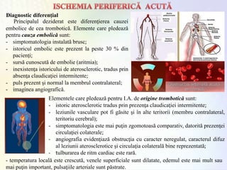 Principalul deziderat este diferenţierea cauzei
embolice de cea trombotică. Elemente care pledează
pentru cauza embolică sunt:
- simptomatologia instalată brusc;
- istoricul embolic este prezent la peste 30 % din
pacienţi;
- sursă cunoscută de embolie (aritmia);
- inexistenţa istoricului de aterosclerotic, tradus prin
absenţa claudicaţiei intermitente;
- puls prezent şi normal la membrul contralateral;
- imaginea angiografică.
Elementele care pledează pentru I.A. de origine trombotică sunt:
- istoric aterosclerotic tradus prin prezenţa claudicaţiei intermitente;
- leziunile vasculare pot fi găsite şi în alte teritorii (membru contralateral,
teritoriu cerebral);
- simptomatologia este mai puţin zgomotoasă comparativ, datorită prezenţei
circulaţiei colaterale;
- angiografia evidenţiază obstrucţia cu caracter neregulat, caracterul difuz
al leziunii aterosclerotice şi circulaţia colaterală bine reprezentată;
- tulburarea de ritm cardiac este rară.
Diagnostic diferenţial
- temperatura locală este crescută, venele superficiale sunt dilatate, edemul este mai mult sau
mai puţin important, pulsaţiile arteriale sunt păstrate.
 