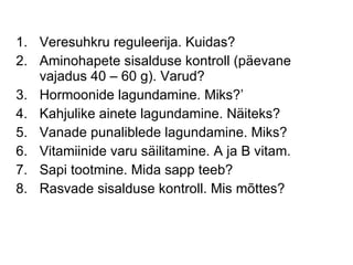 Veresuhkru reguleerija. Kuidas? Aminohapete sisalduse kontroll (päevane vajadus 40 – 60 g). Varud? Hormoonide lagundamine. Miks?’ Kahjulike ainete lagundamine. Näiteks? Vanade punaliblede lagundamine. Miks? Vitamiinide varu säilitamine. A ja B vitam. Sapi tootmine. Mida sapp teeb? Rasvade sisalduse kontroll. Mis mõttes? 