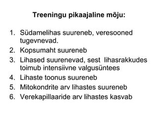 Treeningu pikaajaline mõju: Südamelihas suureneb, veresooned tugevnevad. Kopsumaht suureneb Lihased suurenevad, sest  lihasrakkudes toimub intensiivne valgusüntees Lihaste toonus suureneb Mitokondrite arv lihastes suureneb Verekapillaaride arv lihastes kasvab 