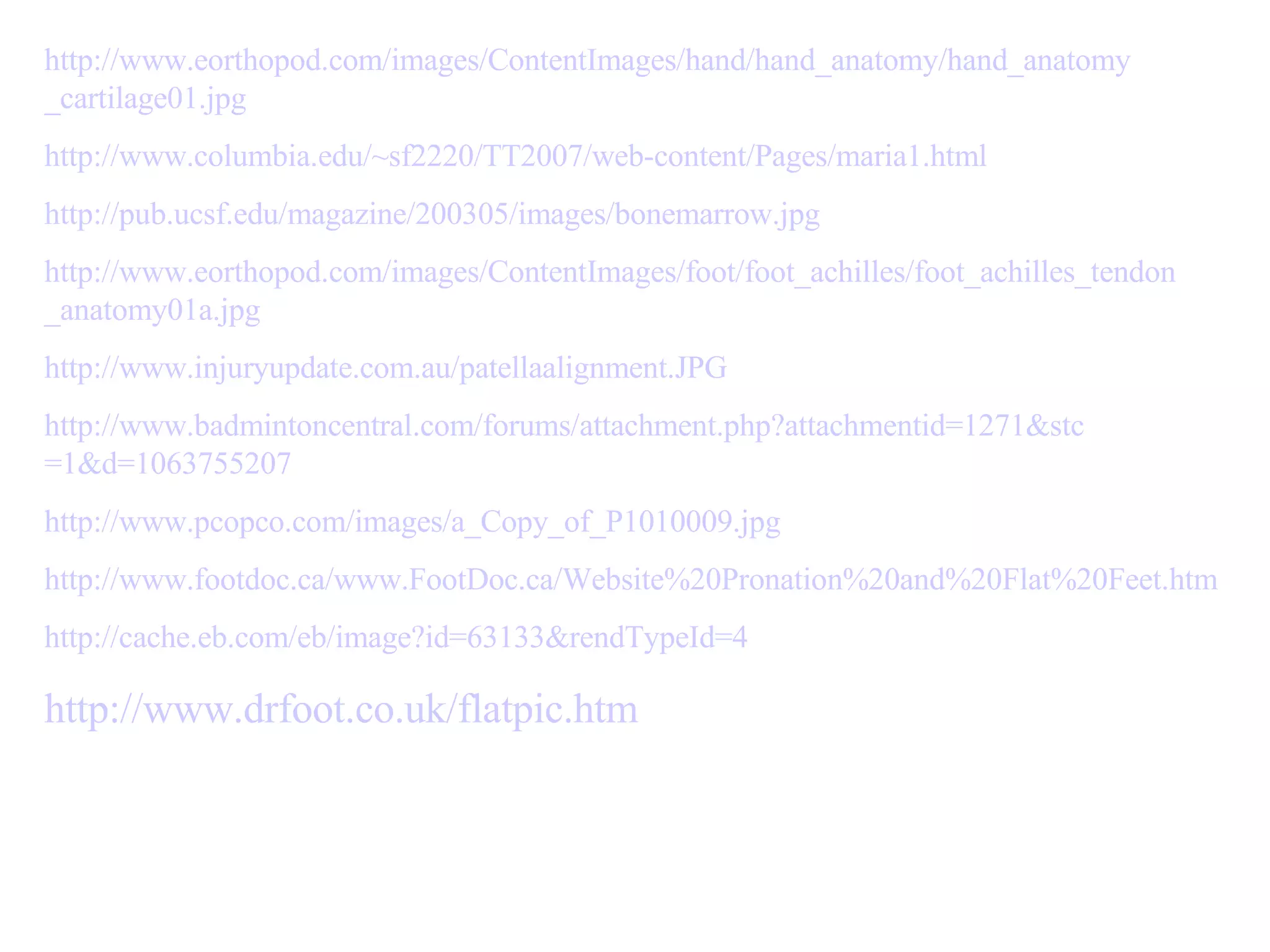 http:// www . eorthopod . com / images / ContentImages / hand / hand _ anatomy / hand _ anatomy _cartilage01. jpg   http:// www . columbia .edu/~sf2220/TT2007/ web - content /Pages/maria1. html   http:// pub . ucsf .edu/ magazine /200305/ images / bonemarrow . jpg   http:// www . eorthopod . com / images / ContentImages / foot / foot _ achilles / foot _ achilles _ tendon _anatomy01a. jpg http:// www . injuryupdate . com .au/ patellaalignment .JPG   http:// www . badmintoncentral . com / forums / attachment . php ? attachmentid =1271& stc =1&d=1063755207   http:// www . pcopco . com / images /a_ Copy _of_P1010009. jpg   http:// www . footdoc .ca/ www . FootDoc .ca/ Website %20Pronation%20and%20Flat%20Feet. htm http://cache.eb.com/eb/image?id=63133&rendTypeId=4   http://www.drfoot.co.uk/flatpic.htm   