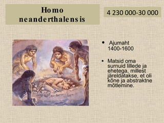 Homo neanderthalensis Ajumaht 1400-1600 Matsid oma surnuid lillede ja ehetega, millest järeldatakse, et oli kõne ja abstraktne mõtlemine.  4 230 000-30 000 