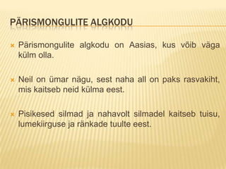 PÄRISMONGULITE ALGKODU

   Pärismongulite algkodu on Aasias, kus võib väga
    külm olla.

   Neil on ümar nägu, sest naha all on paks rasvakiht,
    mis kaitseb neid külma eest.

   Pisikesed silmad ja nahavolt silmadel kaitseb tuisu,
    lumekiirguse ja ränkade tuulte eest.
 