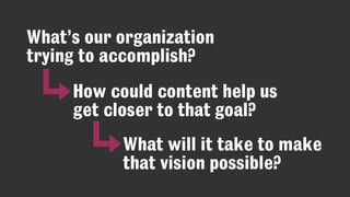 How could content help us
get closer to that goal?
What’s our organization
trying to accomplish?
What will it take to make
that vision possible?
 