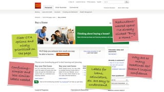 Redundant/
wasted space!
I’ve already
clicked “Buy
a Home.”
Confusing—
simpler and
less similar
labels needed.
Clear CTA
options and
nicely
prioritized on
the page.
Labels for
loans,
calculators,
etc. are easy to
understand.
Why are so
many
headlines Qs?
Doesn’t inspire
confidence.
 
