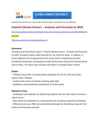 Aarkstore.com announces, a new market research report is available in its vast collection

Iniparib (Breast Cancer) – Analysis and Forecasts to 2020

http://www.aarkstore.com/reports/Iniparib-Breast-Cancer-Analysis-and-Forecasts-to-2020-198936.html

RSS FEED:

http://www.aarkstore.com/feeds/globalData.xml



Summary:
Company pharmaceuticals report, “Iniparib (Breast cancer) - Analysis and Forecasts
to 2020” provides Iniparib sales forecasts for US, EU5 and Japan. In addition, it
covers detailed clinical assessment of the drug, factors impacting drug sales,
competitive landscape, and analysis of sales performance during the forecast period
(2015-2020). The report also includes information on Breast Cancer market


Scope:
- Therapy area profile including patient population for the US, EU5 and Japan
(seven major markets)
- Analysis and review of Iniparib including sales data
- Qualitative and quantitative assessment of market space


Reasons to buy:
- Understand and capitalize by identifying products that are most likely to ensure a
robust return
- Stay ahead of competition by understanding the changing competitive landscape
- Effectively plan your M&A and partnership strategies by identifying drugs with the
most promising sales potential
 