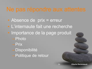 Ne pas répondre aux attentes Absence de  prix = erreur L’internaute fait une recherche Importance de la page produit Photo Prix Disponibilité Politique de retour 