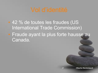 Vol d’identité 42 % de toutes les fraudes (US International Trade Commission) Fraude ayant la plus forte hausse au Canada. 