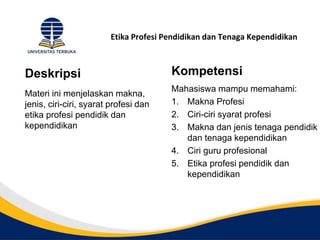 Etika Profesi Pendidikan dan Tenaga Kependidikan
Deskripsi
Materi ini menjelaskan makna,
jenis, ciri-ciri, syarat profesi dan
etika profesi pendidik dan
kependidikan
Kompetensi
Mahasiswa mampu memahami:
1. Makna Profesi
2. Ciri-ciri syarat profesi
3. Makna dan jenis tenaga pendidik
dan tenaga kependidikan
4. Ciri guru profesional
5. Etika profesi pendidik dan
kependidikan
 
