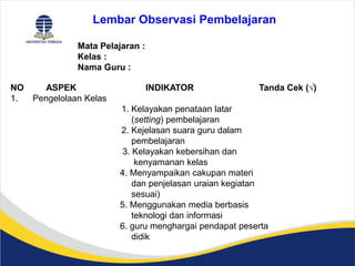Lembar Observasi Pembelajaran
Mata Pelajaran :
Kelas :
Nama Guru :
NO ASPEK INDIKATOR Tanda Cek (√)
1. Pengelolaan Kelas
1. Kelayakan penataan latar
(setting) pembelajaran
2. Kejelasan suara guru dalam
pembelajaran
3. Kelayakan kebersihan dan
kenyamanan kelas
4. Menyampaikan cakupan materi
dan penjelasan uraian kegiatan
sesuai)
5. Menggunakan media berbasis
teknologi dan informasi
6. guru menghargai pendapat peserta
didik
 