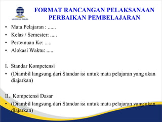 FORMAT RANCANGAN PELAKSANAAN
PERBAIKAN PEMBELAJARAN
• Mata Pelajaran : ......
• Kelas / Semester: .....
• Pertemuan Ke: .....
• Alokasi Waktu: .....
I. Standar Kompetensi
• (Diambil langsung dari Standar isi untuk mata pelajaran yang akan
diajarkan)
II. Kompetensi Dasar
• (Diambil langsung dari Standar isi untuk mata pelajaran yang akan
diajarkan)
 