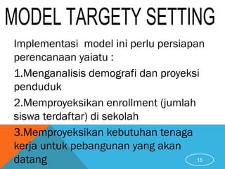 Implementasi model ini perlu persiapan
perencanaan yaiatu :
1.Menganalisis demografi dan proyeksi
penduduk
2.Memproyeksikan enrollment (jumlah
siswa terdaftar) di sekolah
3.Memproyeksikan kebutuhan tenaga
kerja untuk pebangunan yang akan
datang 15
 