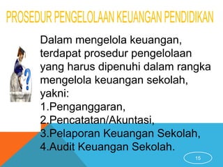 15
Dalam mengelola keuangan,
terdapat prosedur pengelolaan
yang harus dipenuhi dalam rangka
mengelola keuangan sekolah,
yakni:
1.Penganggaran,
2.Pencatatan/Akuntasi,
3.Pelaporan Keuangan Sekolah,
4.Audit Keuangan Sekolah.
 