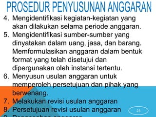23
4. Mengidentifikasi kegiatan-kegiatan yang
akan dilakukan selama periode anggaran.
5. Mengidentifikasi sumber-sumber yang
dinyatakan dalam uang, jasa, dan barang.
Memformulasikan anggaran dalam bentuk
format yang telah disetujui dan
dipergunakan oleh instansi tertentu.
6. Menyusun usulan anggaran untuk
memperoleh persetujuan dan pihak yang
berwenang.
7. Melakukan revisi usulan anggaran
8. Persetujuan revisi usulan anggaran
 