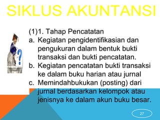 27
(1)1. Tahap Pencatatan
a. Kegiatan pengidentifikasian dan
pengukuran dalam bentuk bukti
transaksi dan bukti pencatatan.
b. Kegiatan pencatatan bukti transaksi
ke dalam buku harian atau jurnal
c. Memindahbukukan (posting) dari
jurnal berdasarkan kelompok atau
jenisnya ke dalam akun buku besar.
 