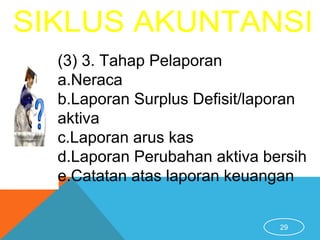 29
(3) 3. Tahap Pelaporan
a.Neraca
b.Laporan Surplus Defisit/laporan
aktiva
c.Laporan arus kas
d.Laporan Perubahan aktiva bersih
e.Catatan atas laporan keuangan
 