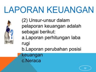 32
(2) Unsur-unsur dalam
pelaporan keuangan adalah
sebagai berikut:
a.Laporan perhitungan laba
rugi
b.Laporan perubahan posisi
keuangan
c.Neraca
 