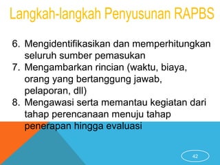 42
6. Mengidentifikasikan dan memperhitungkan
seluruh sumber pemasukan
7. Mengambarkan rincian (waktu, biaya,
orang yang bertanggung jawab,
pelaporan, dll)
8. Mengawasi serta memantau kegiatan dari
tahap perencanaan menuju tahap
penerapan hingga evaluasi
 