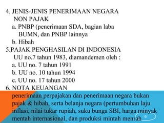 6
4. JENIS-JENIS PENERIMAAN NEGARA
NON PAJAK
a. PNBP (penerimaan SDA, bagian laba
BUMN, dan PNBP lainnya
b. Hibah
5.PAJAK PENGHASILAN DI INDONESIA
UU no.7 tahun 1983, diamandemen oleh :
a. UU no. 7 tahun 1991
b. UU no. 10 tahun 1994
c. UU no. 17 tahun 2000
6. NOTA KEUANGAN
penerimaan perpajakan dan penerimaan negara bukan
pajak & hibah, serta belanja negara (pertumbuhan laju
inflasi, nilai tukar rupiah, suku bunga SBI, harga minyak
mentah internasional, dan produksi mintah menrah
 