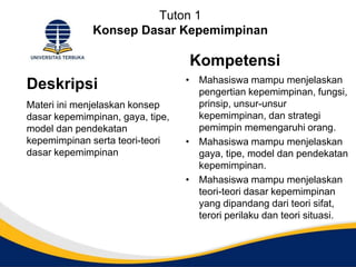 Tuton 1
Konsep Dasar Kepemimpinan
Deskripsi
Materi ini menjelaskan konsep
dasar kepemimpinan, gaya, tipe,
model dan pendekatan
kepemimpinan serta teori-teori
dasar kepemimpinan
Kompetensi
• Mahasiswa mampu menjelaskan
pengertian kepemimpinan, fungsi,
prinsip, unsur-unsur
kepemimpinan, dan strategi
pemimpin memengaruhi orang.
• Mahasiswa mampu menjelaskan
gaya, tipe, model dan pendekatan
kepemimpinan.
• Mahasiswa mampu menjelaskan
teori-teori dasar kepemimpinan
yang dipandang dari teori sifat,
terori perilaku dan teori situasi.
 