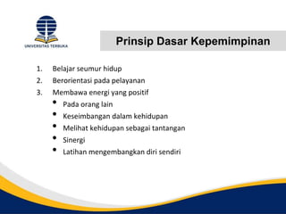Prinsip Dasar Kepemimpinan
1. Belajar seumur hidup
2. Berorientasi pada pelayanan
3. Membawa energi yang positif
• Pada orang lain
• Keseimbangan dalam kehidupan
• Melihat kehidupan sebagai tantangan
• Sinergi
• Latihan mengembangkan diri sendiri
 