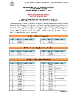 INI‐SS for DM/MCh/MD Hospital Administration – Stage‐I Exam Held on 28‐10‐2023
Page No. 1/27
Result Notification No. 210/2023
Date: 04th
November, 2023
Institute of National Importance Super-Speciality (INI-SS) Test for
DM/MCh./MD-Hospital Administration Courses for January 2024 Session
The following is the roll number wise list of Provisionally Qualified Candidates in Institute of National
Importance Super-Speciality (INI-SS) Entrance Test Stage-I on the basis of performance in Online CBT
Examination held on 28th
October 2023 for admission into DM/MCH/MD-Hospital Administration
Courses for January 2024 Session at the Institutes of National Importance (INI) for medical education
namely: AIIMS-New Delhi and all new AIIMS, JIPMER Puducherry, PGIMER-Chandigarh,
NIMHANS-Bengaluru & SCTIMST Trivandrum.
1. DM - Addiction Psychiatry
S.No. Roll No. Applied Under
1 5130278 --
2 5130867 --
S.No. Roll No. Applied Under
3 5132062 --
4 5133727 --
2. DM - Cardiac Surgical Intensive Care
S.No. Roll No. Applied Under
1 5132343 --
2 5133711 --
S.No. Roll No. Applied Under
3 5134822 --
4 5136690 --
3. DM - Cardiac Anesthesiology
S.No. Roll No. Applied Under
1 5130198 --
2 5130334 --
3 5130336 --
4 5131706 --
5 5131708 --
6 5131822 --
7 5131824 --
8 5132074 --
9 5132544 --
10 5132729 --
11 5132948 --
12 5132950 --
13 5132952 --
14 5132954 --
15 5132956 --
16 5132958 --
S.No. Roll No. Applied Under
17 5132960 --
18 5132962 --
19 5132964 Sponsored
20 5132966 --
21 5133317 --
22 5133321 --
23 5133323 --
24 5133325 --
25 5133593 Foreign National
26 5133597 --
27 5133599 --
28 5133601 --
29 5134204 --
30 5134270 --
31 5134272 --
32 5134274 --
ALL INDIA INSTITUTE OF MEDICAL SCIENCES
EXAMINATION SECTION
ANSARI NAGAR, NEW DELHI - 110029
 